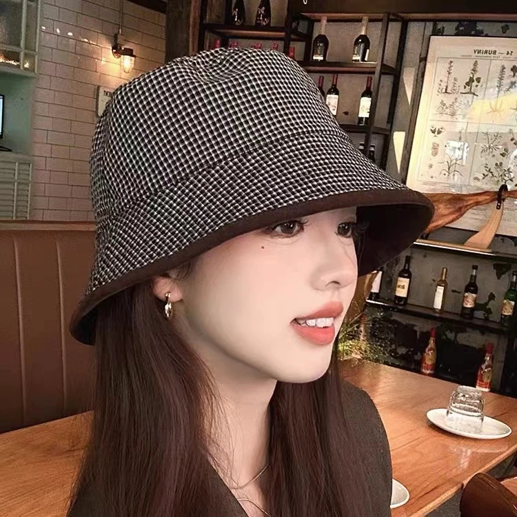 麂皮绒双面格子纯色时尚韩系赫本风女式大檐休闲韩系盆帽渔夫帽