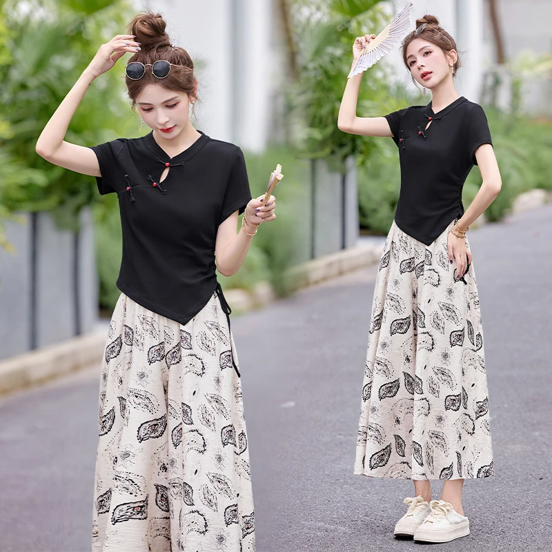 新中式国风复古盘扣套装女2025年夏季新款设计感印花阔腿裤两件套