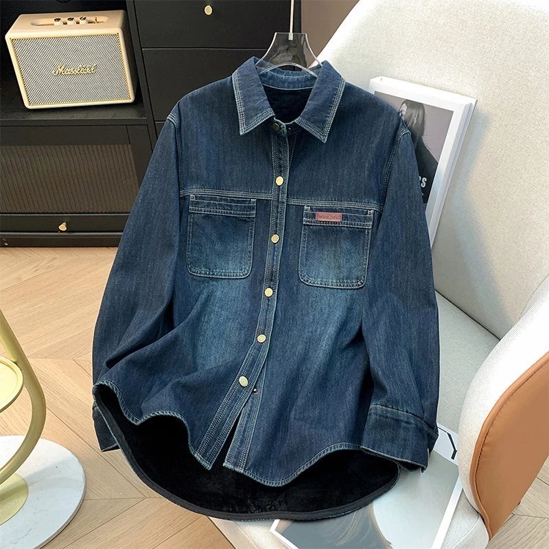 加绒加厚牛仔衬衫外套女秋冬2025新款休闲复古中长款宽松叠穿上衣