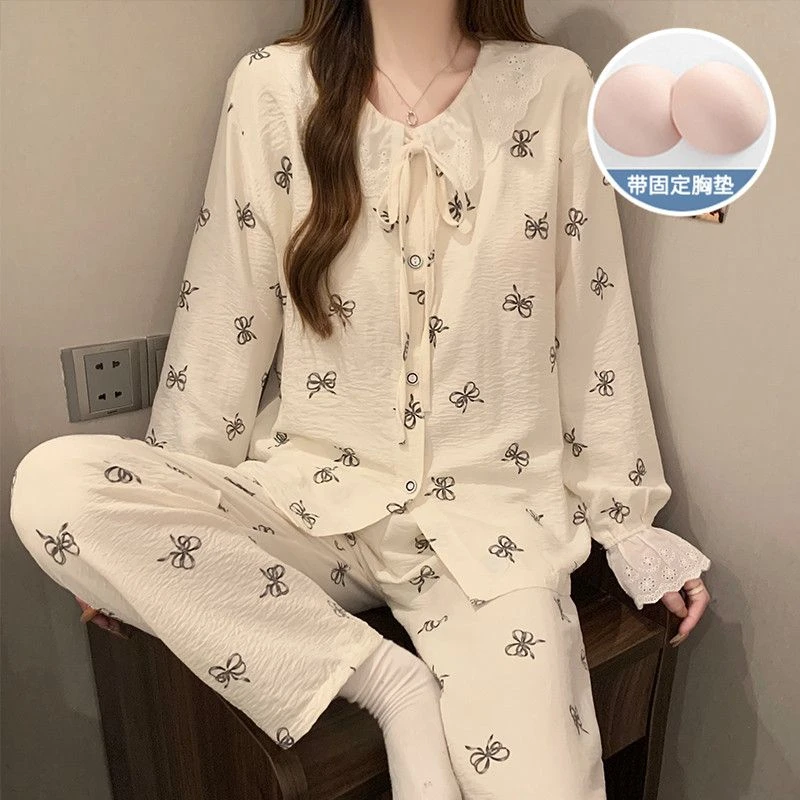 睡衣女长袖薄款云朵棉春秋天胸垫一体式新款甜美蝴蝶结家居服套装