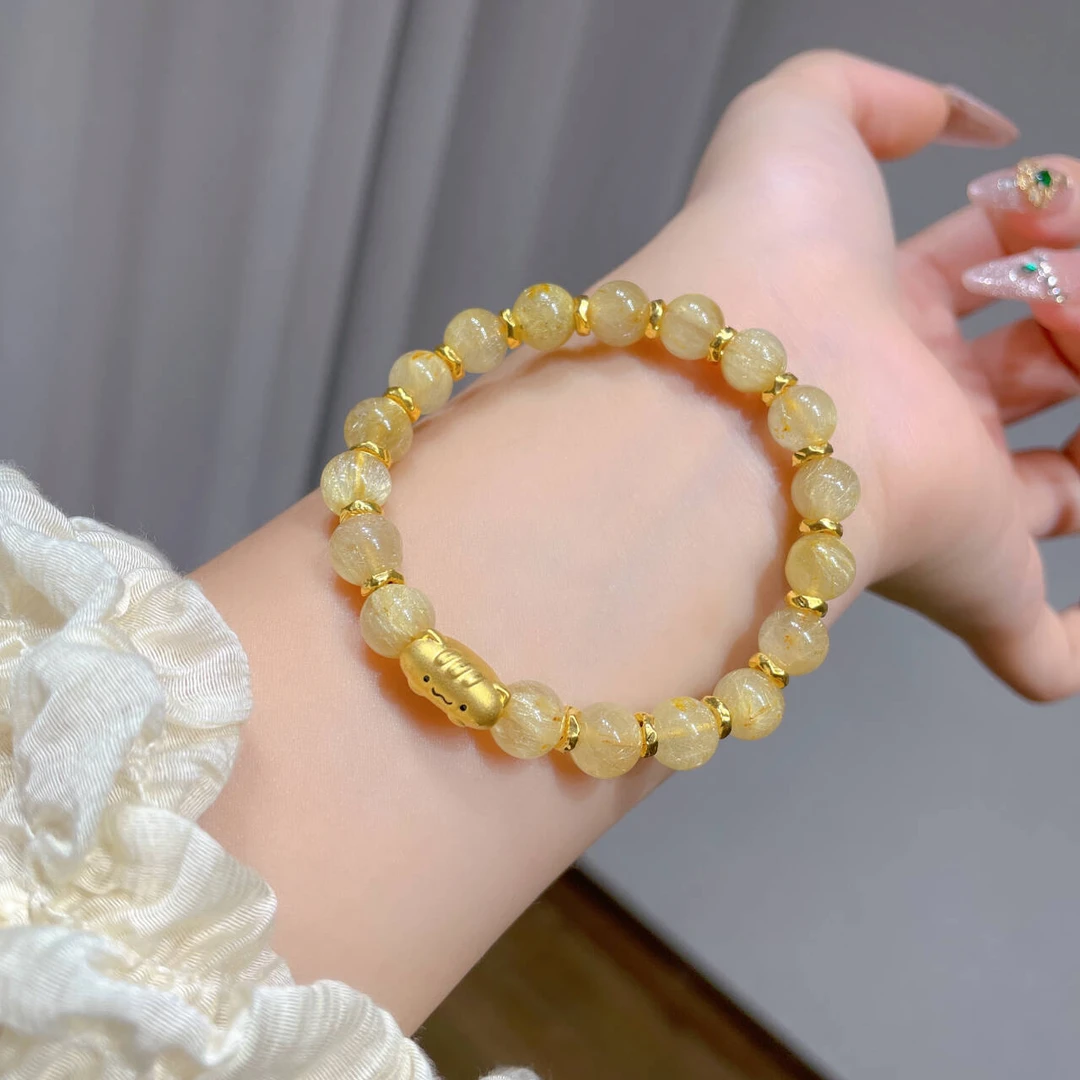 瑞诺黄金面包小猫金发.晶手链足金999盘缠手串生日礼物送女友