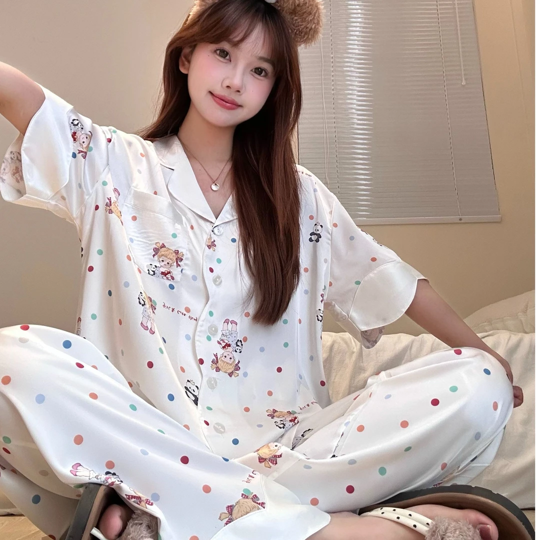 【DMXJ大梦想家】韩版甜美舒适简约冰丝可爱夏亲肤休闲居家睡衣套装