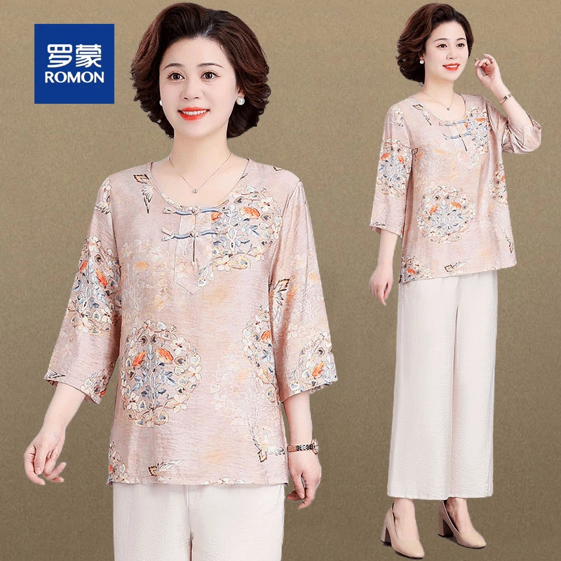 罗蒙中年妈妈夏装休闲小衫套装新款中老年女装中式花色衬衫两件套