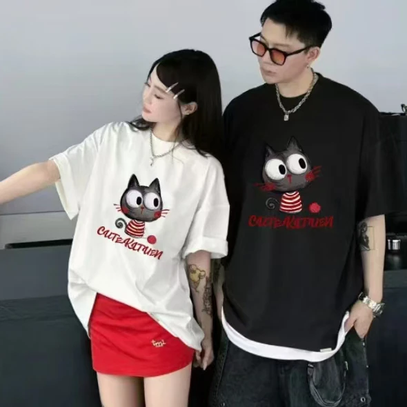 线团猫猫100%纯棉夏季创意印花圆领短袖卡通男女情侣款学院风T恤