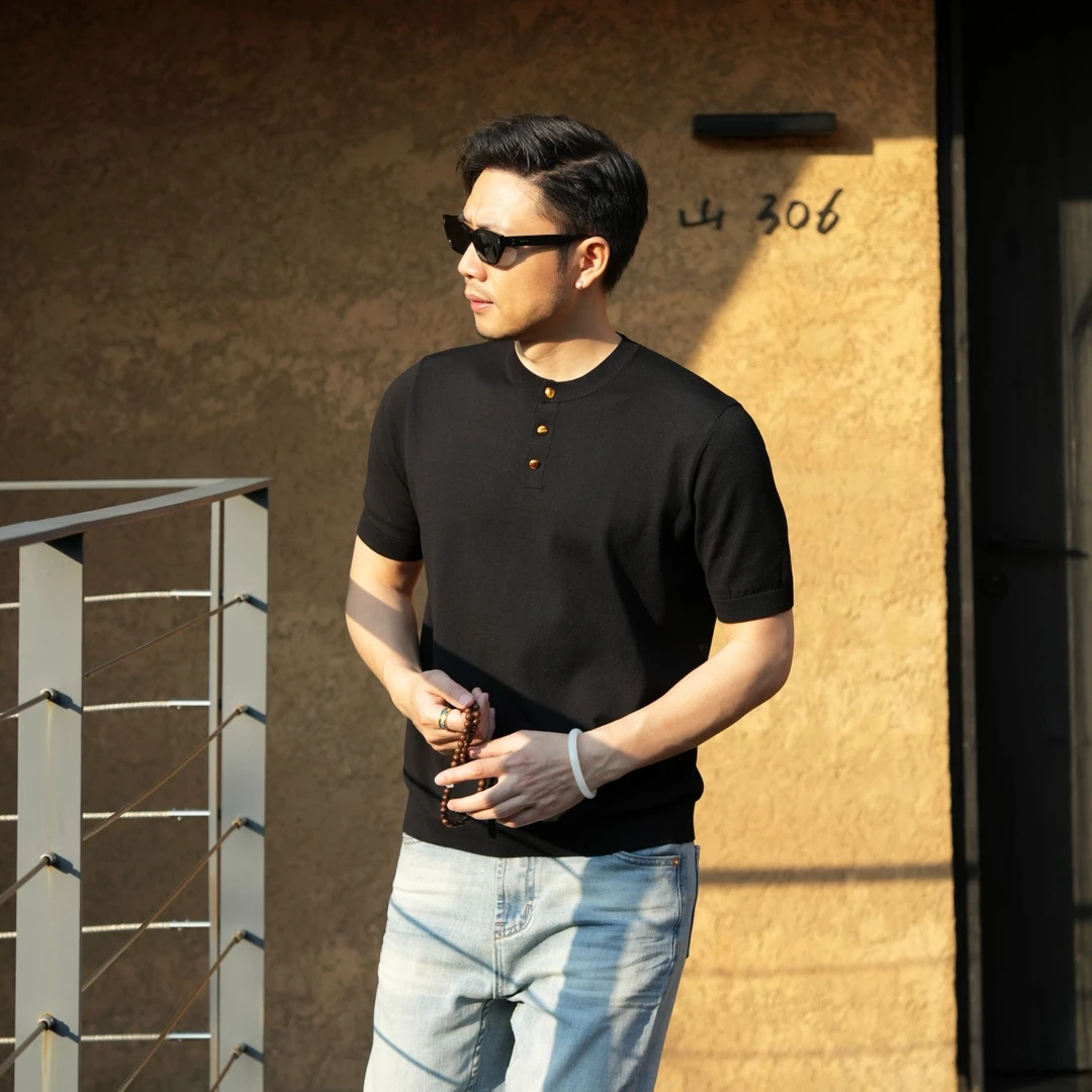 【虎眼玉】定制竹纤维凉感高级亨利领休闲针织短袖时尚气质T恤BM007