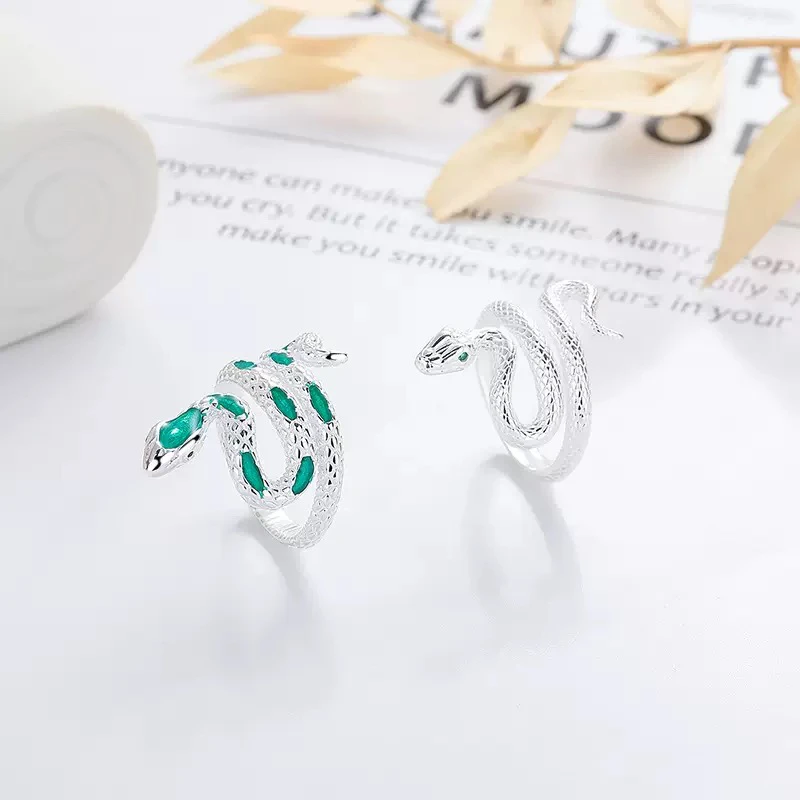 925银戒指 925银复古做旧灵蛇缠绕戒指国潮百搭开口食指环