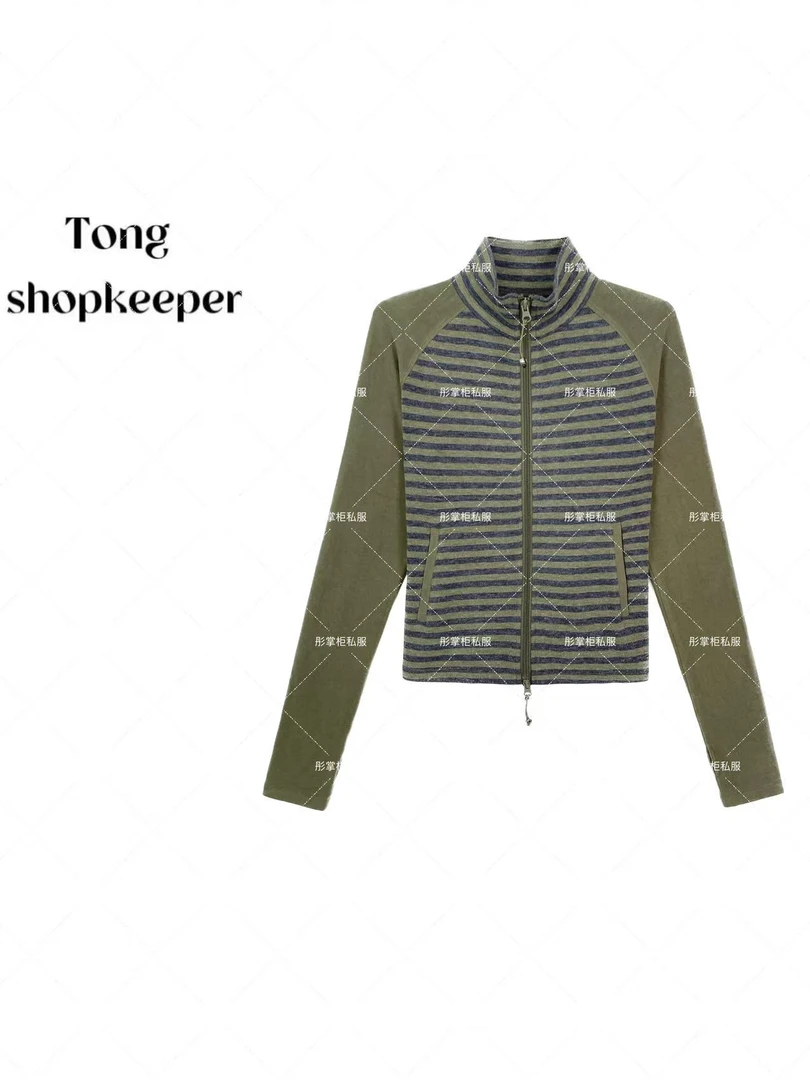 QJ/彤掌柜1682612 秋冬2025升级绵羊毛条纹静奢立领拉链气质外套