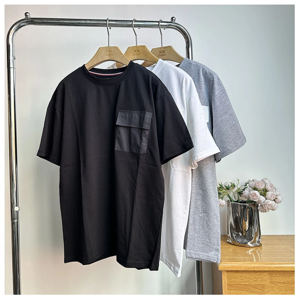T361夏季新款宽松圆领口袋短袖T恤男女同款
