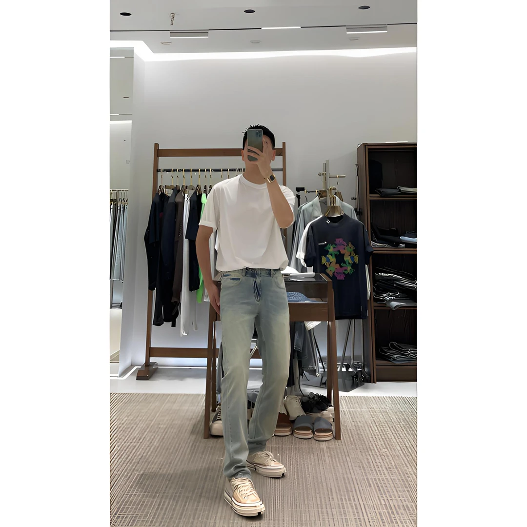 TKTHEKING/25918夏季薄款赤耳丹宁怀旧复古洗水蓝修身小直筒牛仔