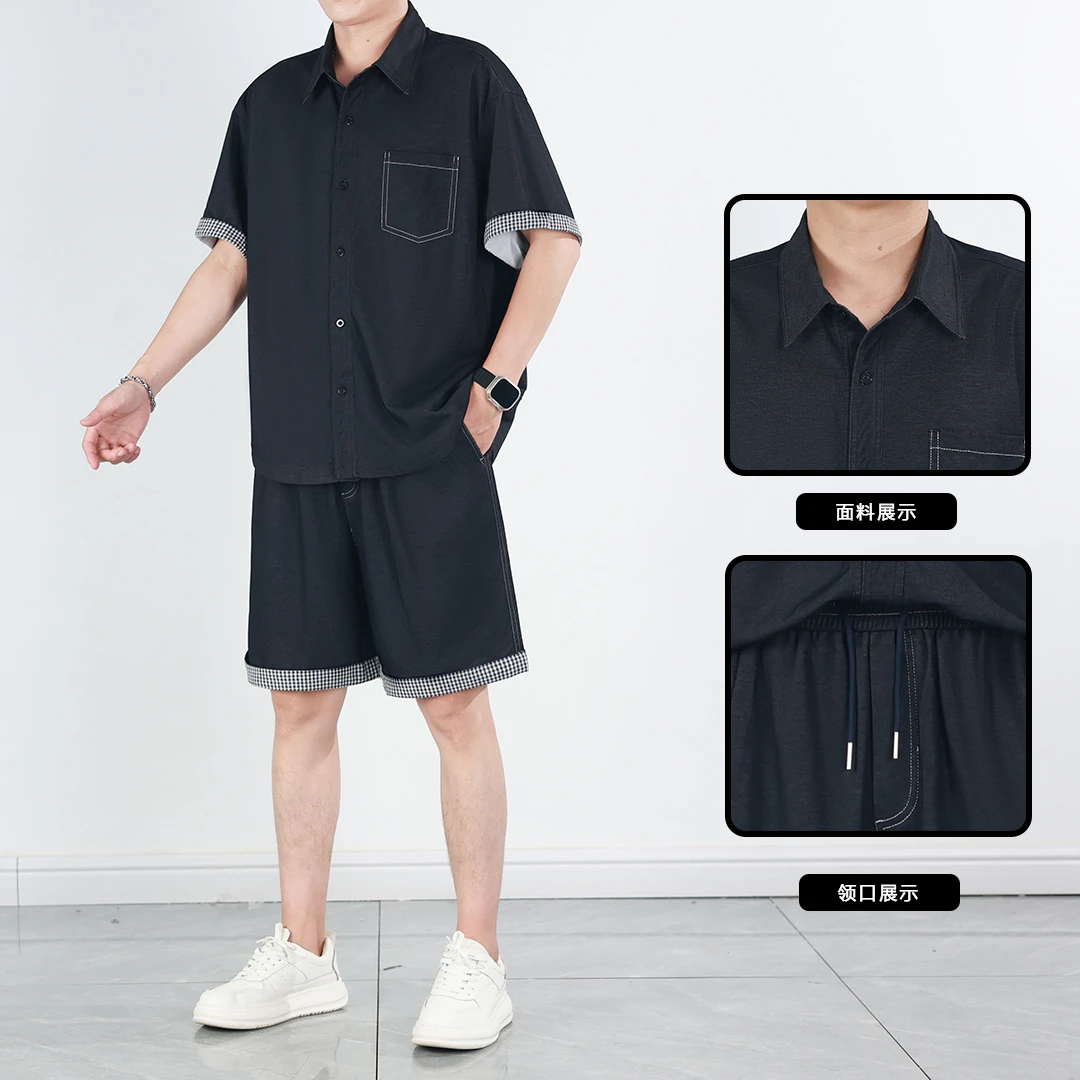 夏季上新潮流时尚百搭宽松直筒短裤凉感软牛仔拼接短袖套装