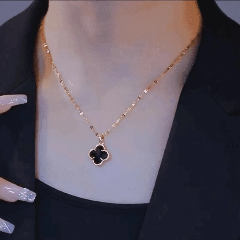 钛钢项链 时尚轻奢小众双面四叶花气质百搭项链黑色经典经典坠链
