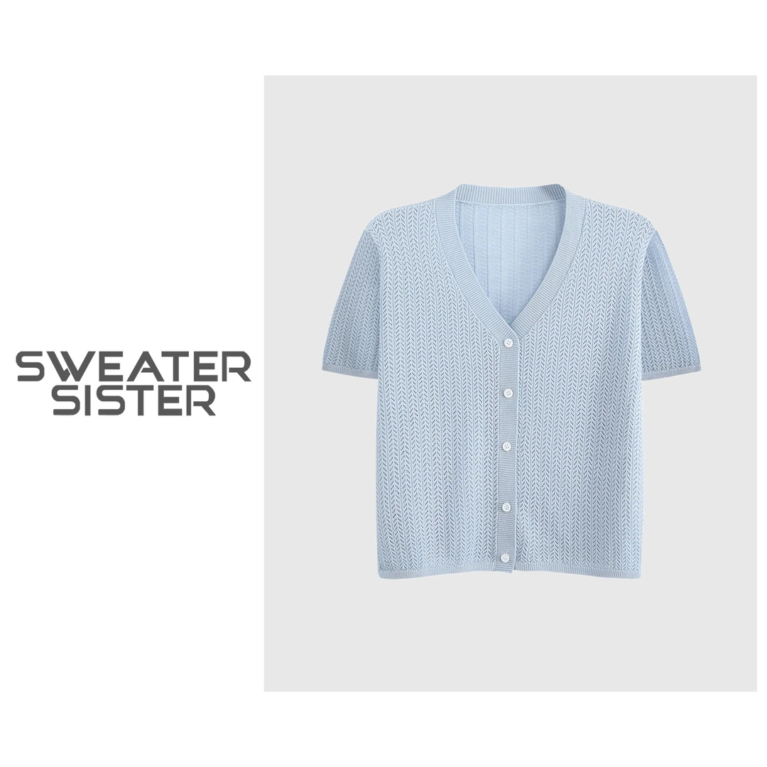 V领短袖温柔百搭针织镂空开衫女6688-8916