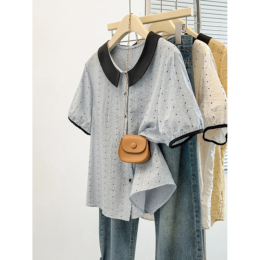 2025夏装新款胖mm大码女撞色圆点拼接小清新短袖小衫上衣