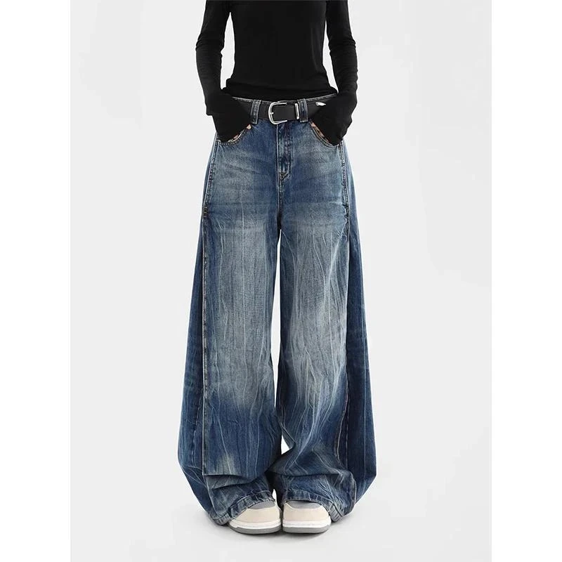 美式复古水洗做旧阔腿牛仔裤女春季休闲折痕低腰宽松直筒拖地裤子