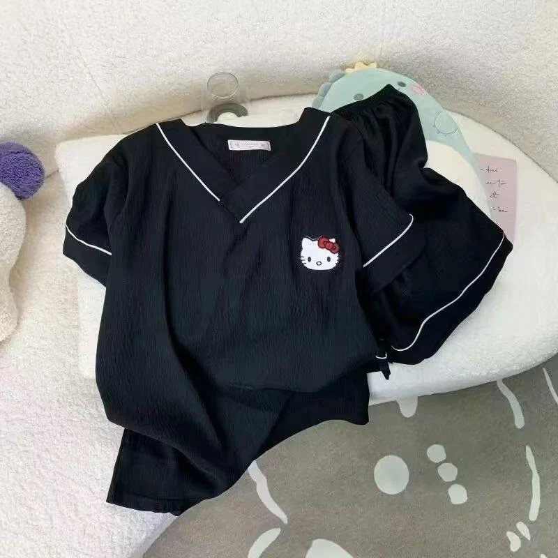 云朵棉睡衣女士夏季云朵棉短袖短裤V领夏套头家居服套装