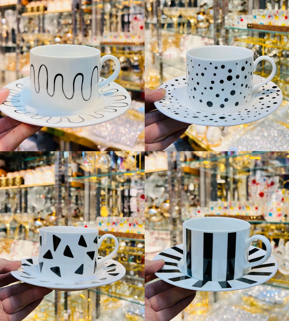 ［买一送一］2个骨瓷咖啡杯碟套装北欧黑白几何欧式创意简约英式