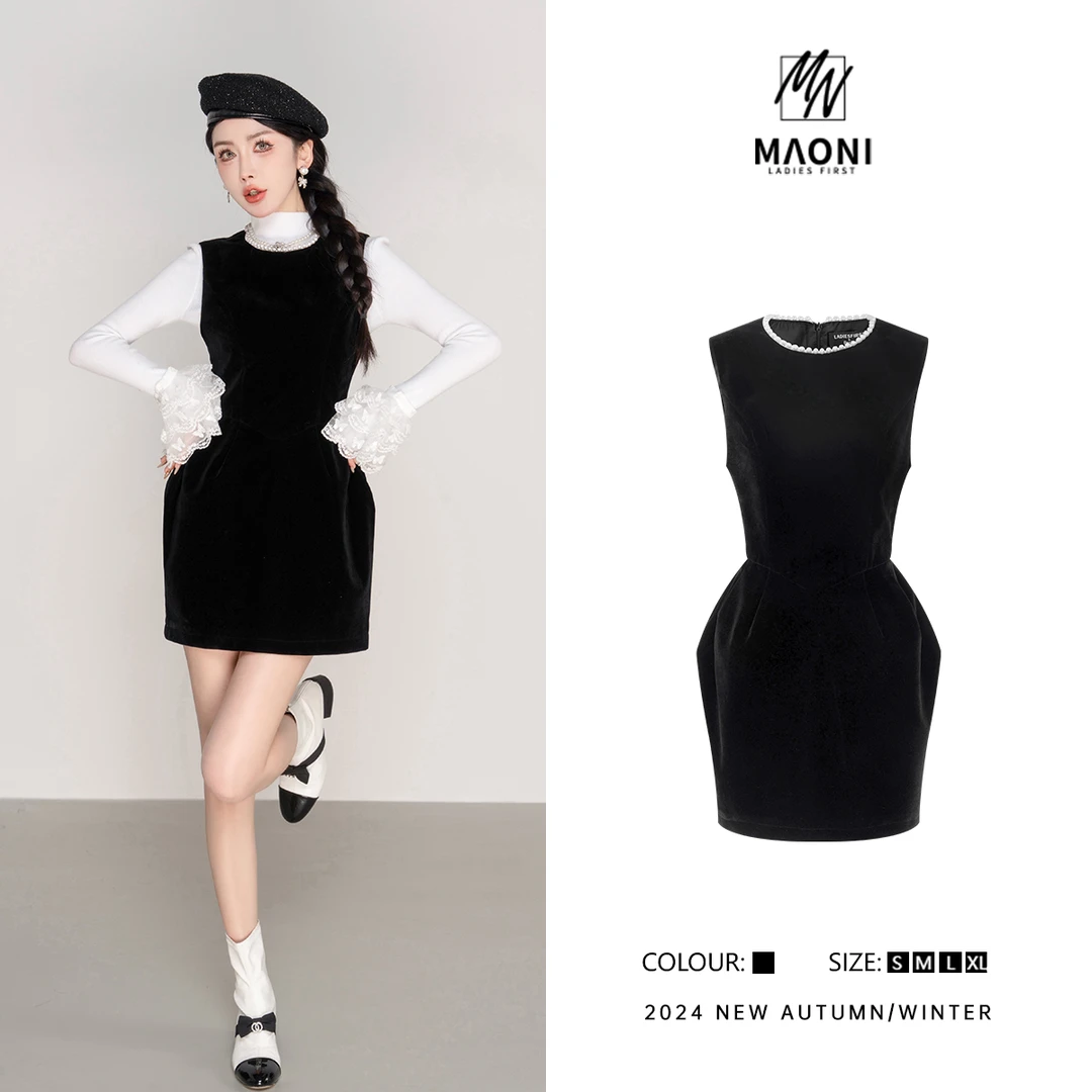 毛妮Peshe【丝绒花苞裙】无袖气质收腰珍珠花边连衣裙2025冬L1194