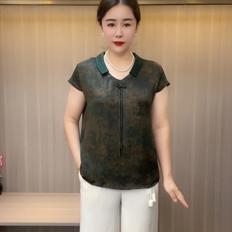 2570新款夏季短袖翻领精品中老年上衣时髦时尚气质宽松凉爽妈妈装