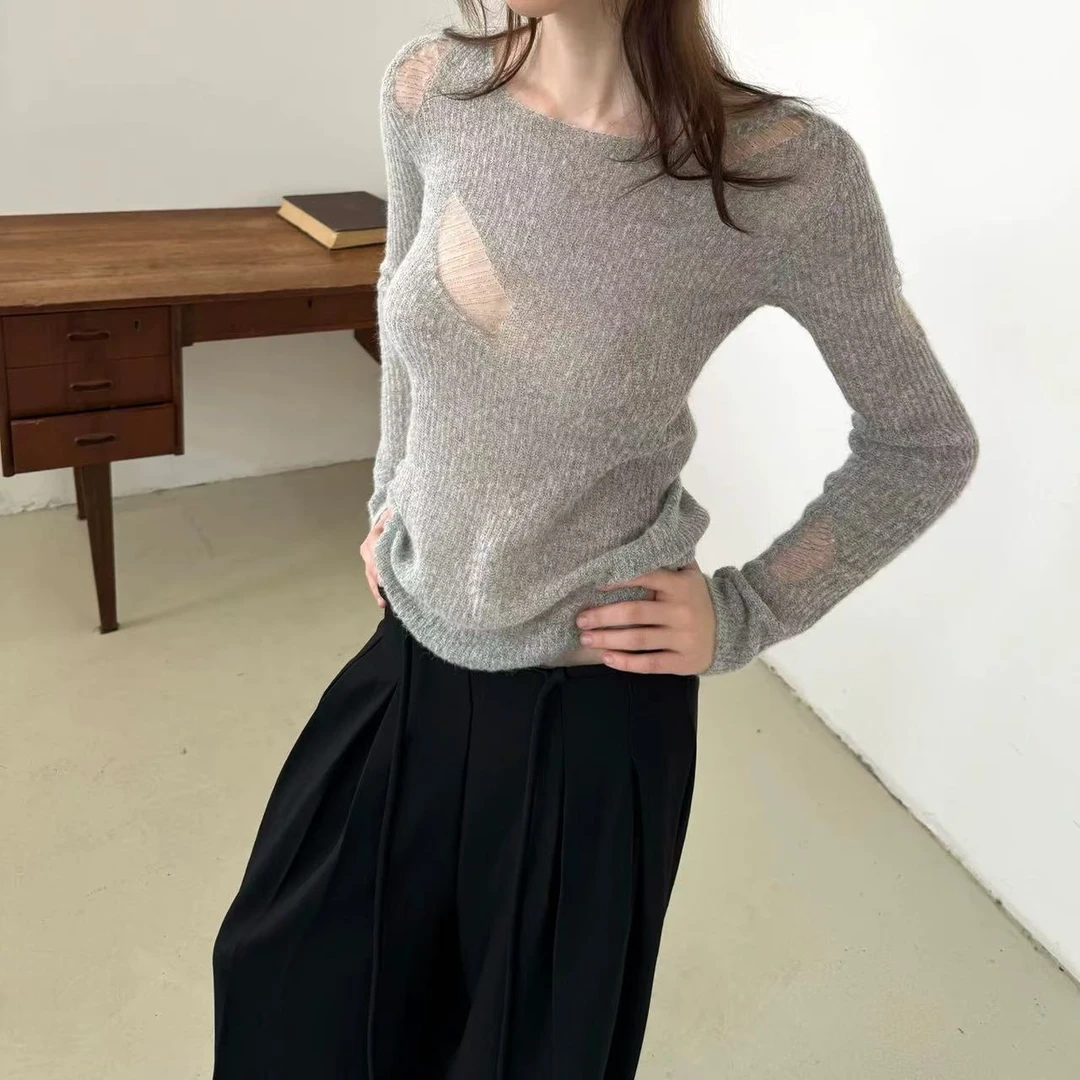 徐秋阳  镂空灰调（春夏新款）百搭时尚休闲设计感显白上衣408#