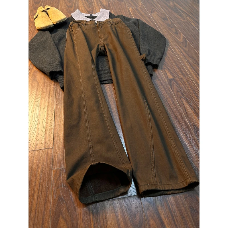 美拉德咖棕色伐木工装牛仔裤男美式cleanfit加绒裤子斜切直筒长裤