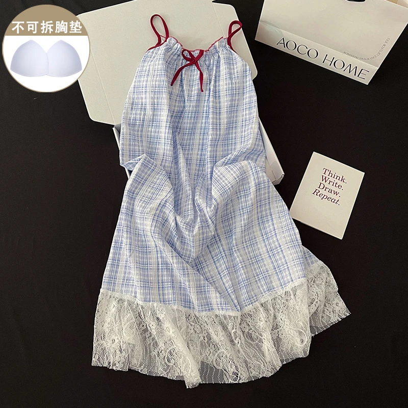 蕾丝简约睡裙女夏季中长款带胸垫吊带睡衣甜美蝴蝶结连衣裙家居服