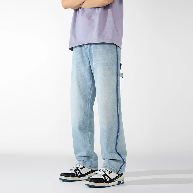 新百伦夏季浅蓝色牛仔裤男款2025新款轻奢休闲宽松百搭直筒长裤男
