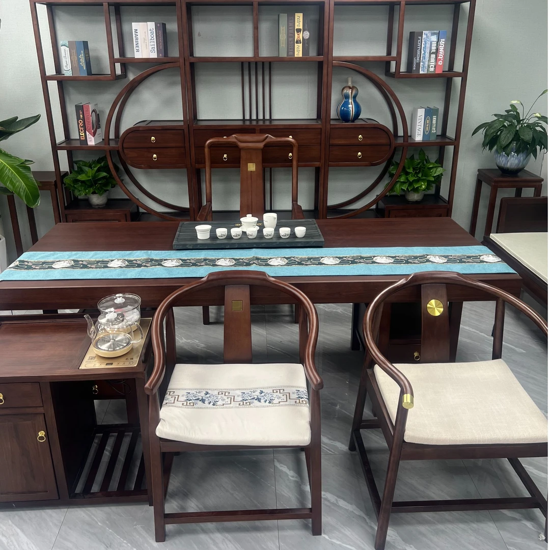 新中式实木乌金木双抽脚茶桌