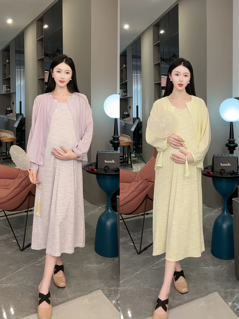 孕妇装2025春夏新款休闲时尚开衫百搭高腰清新甜美孕妇背心裙套装