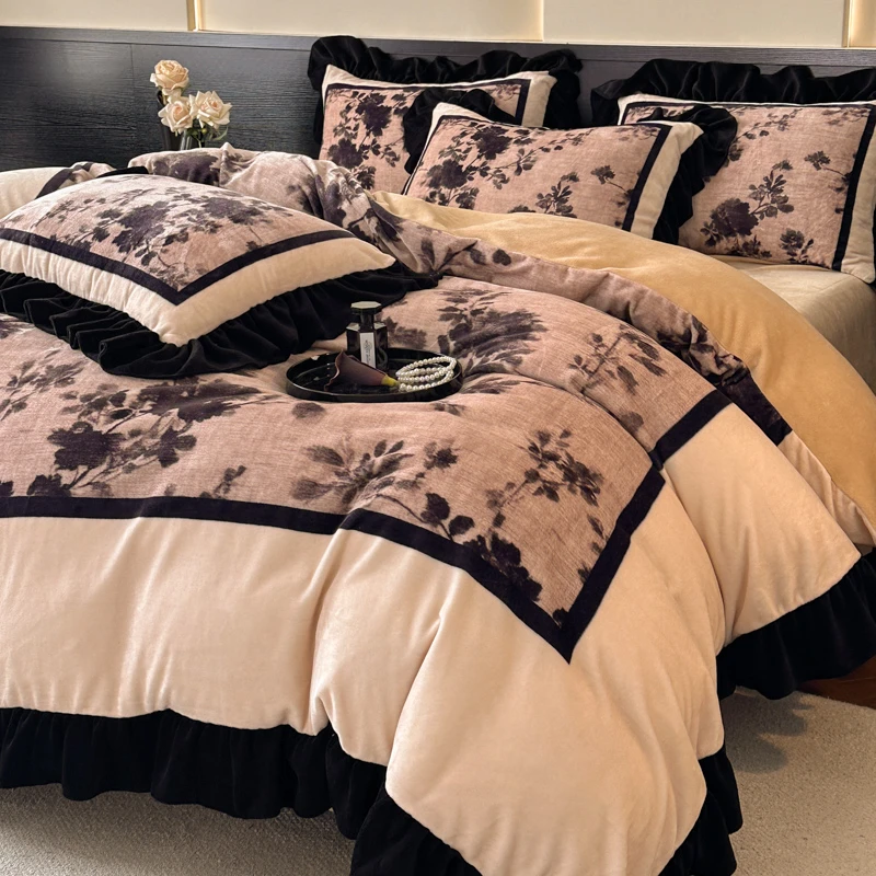 秋冬法式数码大版印花牛奶绒四件套韩版加厚加绒毛绒被套抗静电