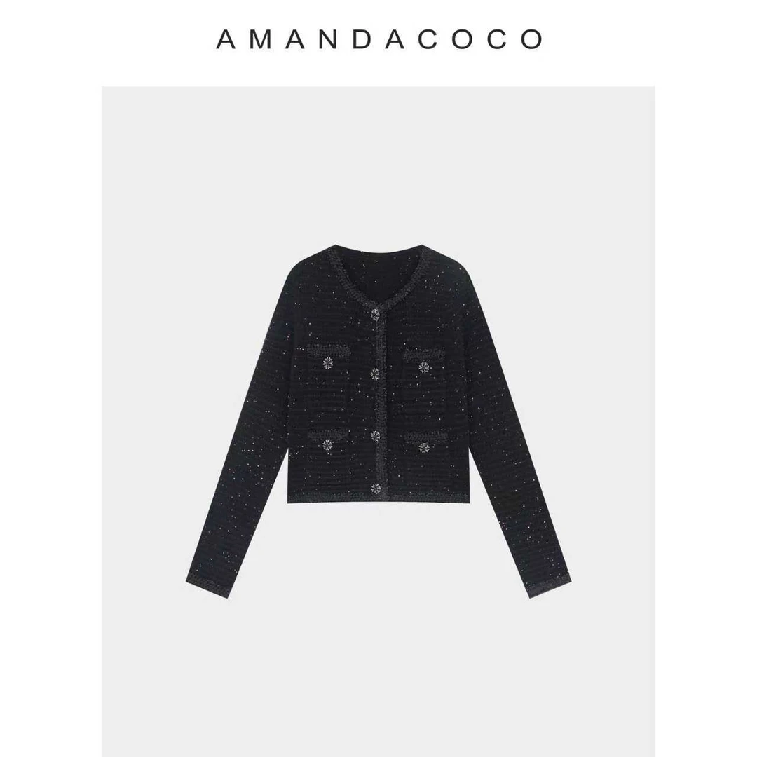 AMANDACOCO茜茜丨精致氛围～轻奢高级感闪闪亮片小香风针织开衫