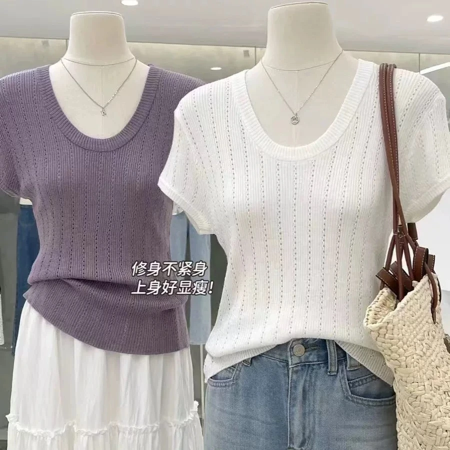 u领冰丝短袖针织衫女夏季薄款外穿弹力修身紧身麻花镂空透气上衣