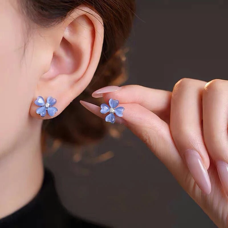 铜合金耳饰 蓝色爱心四叶草耳钉耳扣款 无需耳堵 时尚百搭