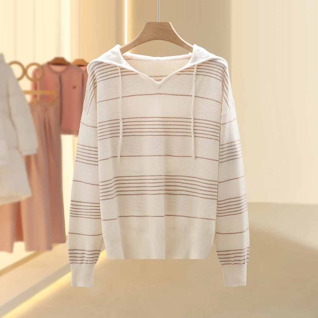 【片】100~绵羊毛条纹洋气连帽毛衫2025冬季新款撤柜女装