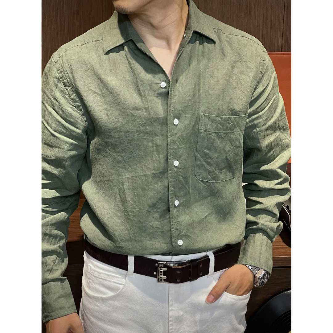 MKLR•盟珂利尔 早秋新款老钱风亚麻长袖衬衫时尚休闲舒适百搭男