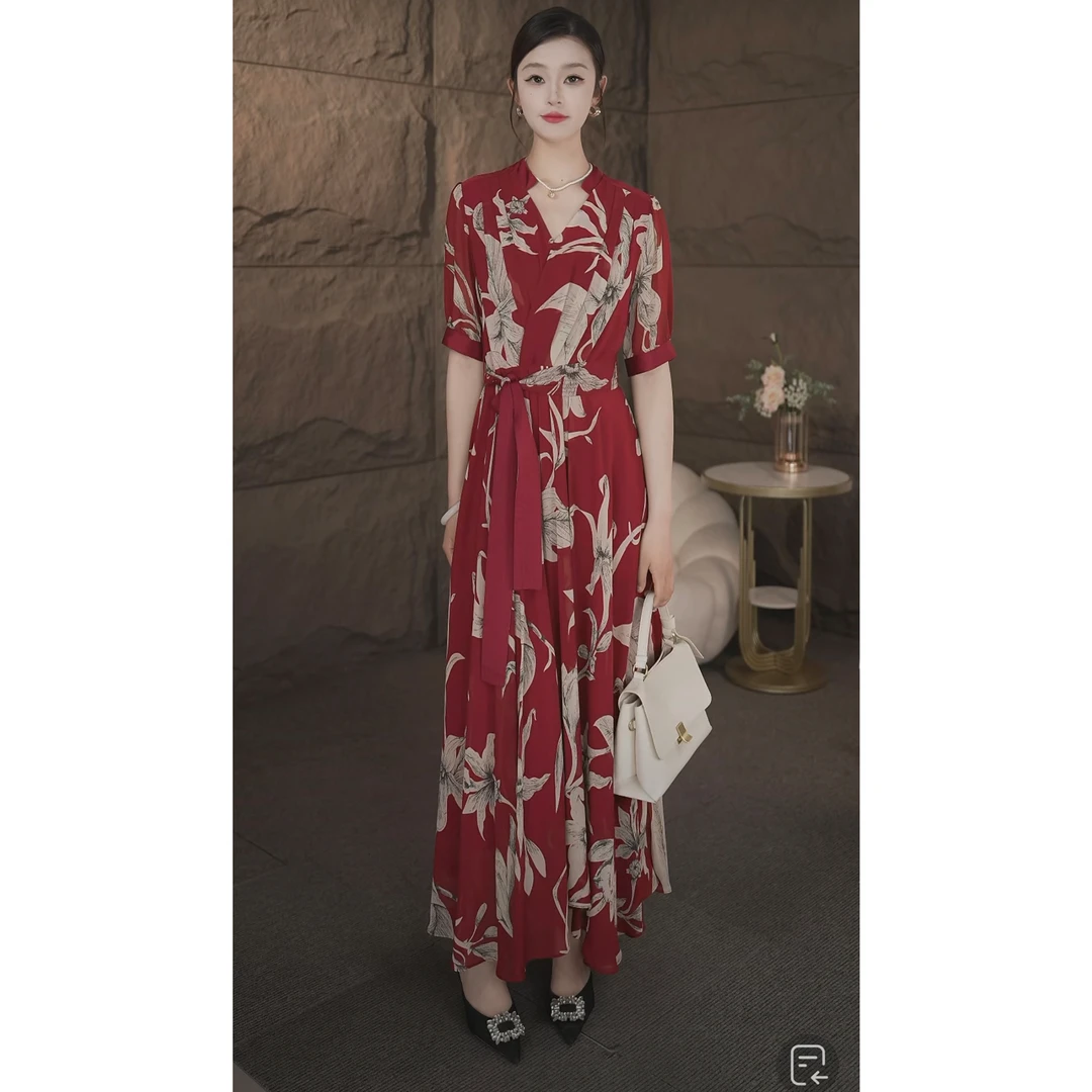 新款连衣裙能出中长款高腰裙子夏季收腰夏装复古连衣裙