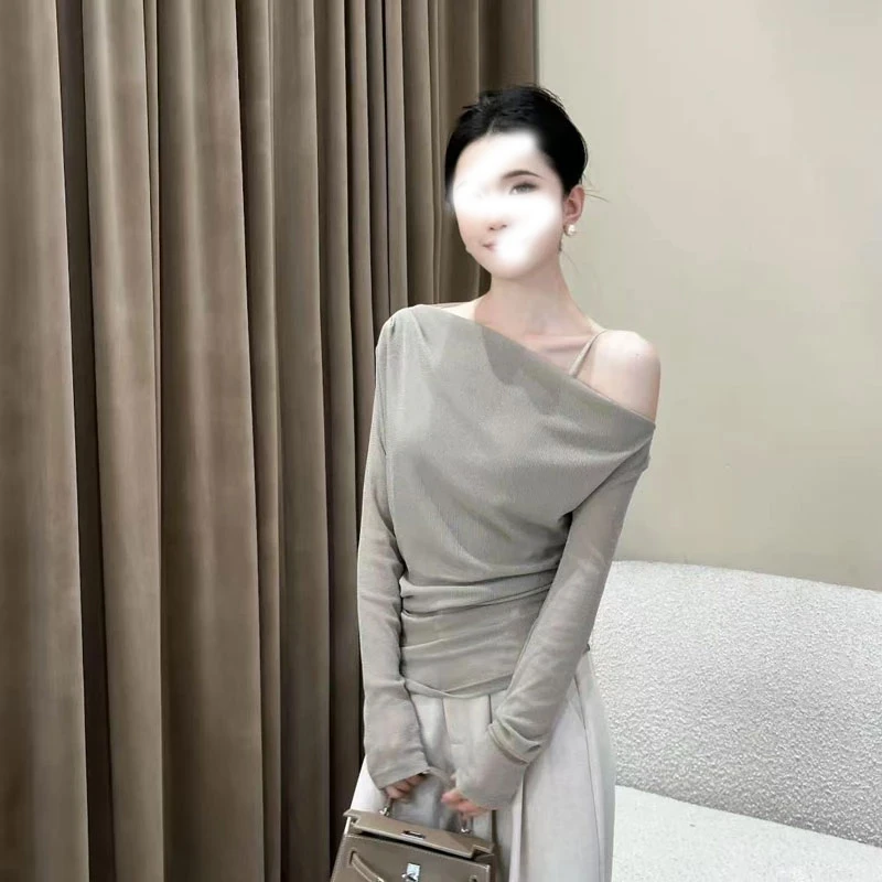 【欲感拿捏】褶皱一字肩纯欲修身长袖T袖女早秋气质百搭上衣8478