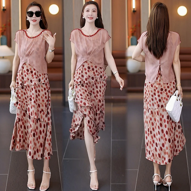 时尚连衣裙套装夏季气质减龄碎花洋气高腰显瘦复古印花中长款裙