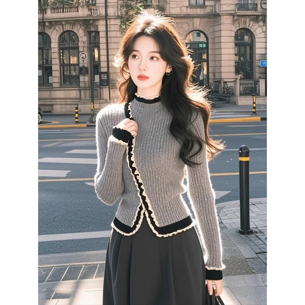 高领感气质打底针织衫女春秋内搭上衣减龄小众花边条纹超好看毛衣