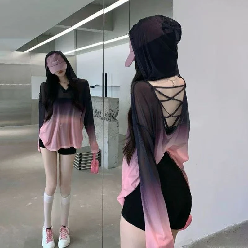 2025夏季渐变网红宽松连帽镂空露背T恤防晒罩衫罩衫夏季防晒薄款