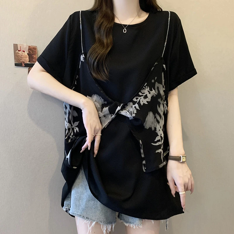大码夏季胖mm蝴蝶结假两件雪纺正肩打底衫宽松中长款百搭短袖上衣