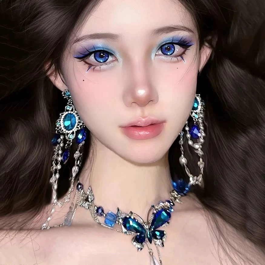 宫廷风轻奢蓝色蝴蝶锆石流苏项链女高级感重工小众锁骨链气质耳饰