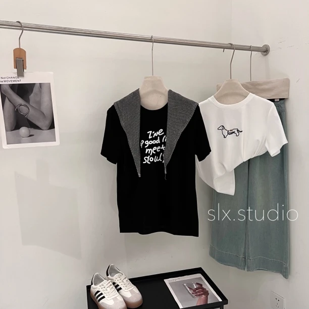 slx@ 3602-1 刺绣字母条纹披T恤