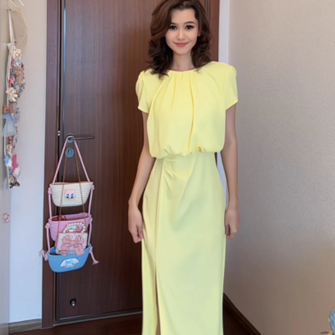 节日款柠檬黄显瘦气质连衣裙