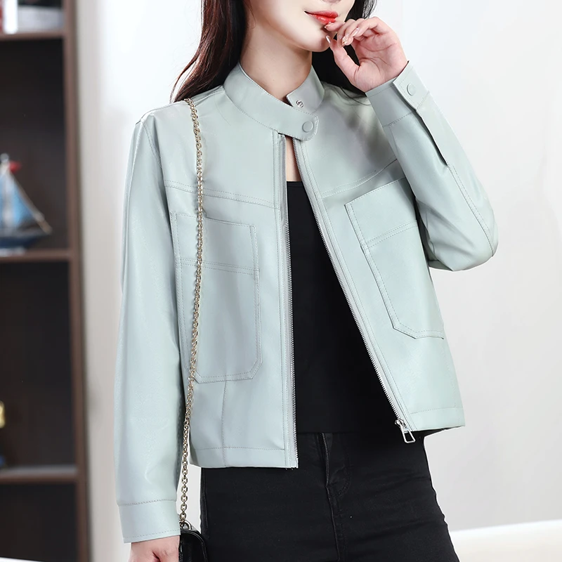 【反季福利】立领端雅女装女士薄款皮夹克皮衣外套LL