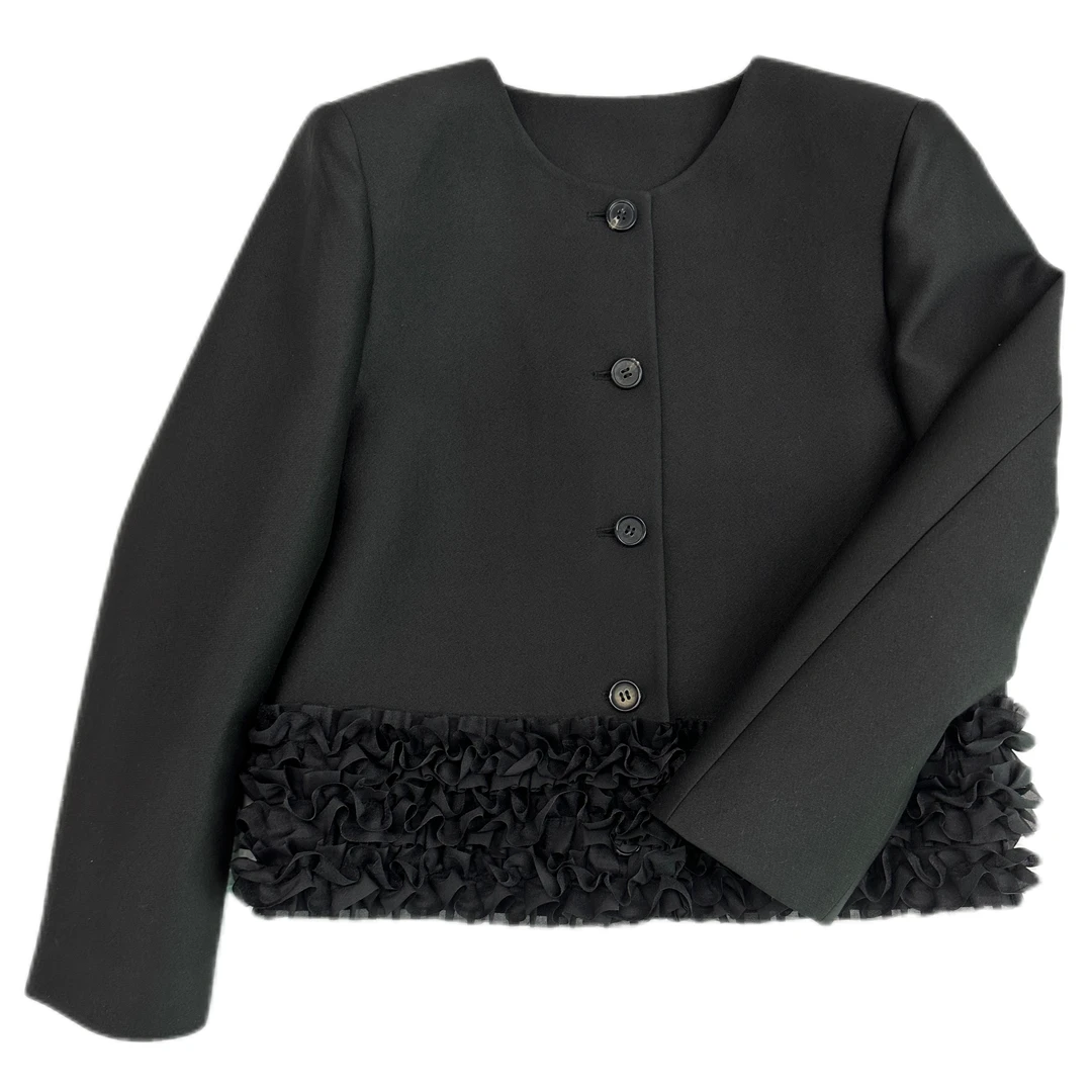 2025早春深圳南油韩系邹邹花边西服外套黑色小香风