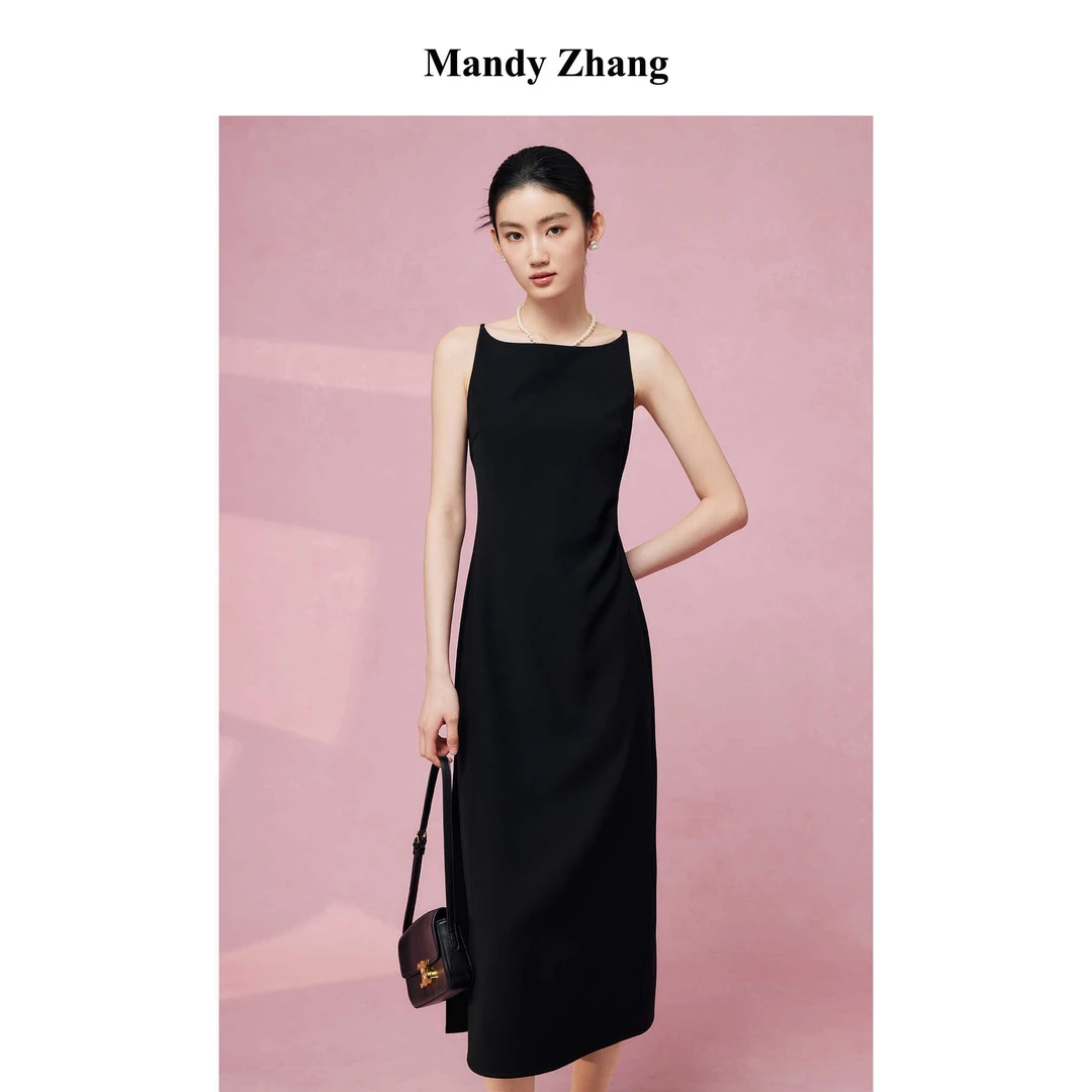 MandyZhang法式一字领粉色吊带连衣裙女夏季长裙