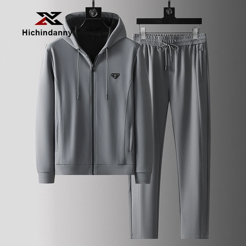 HICHIN连帽休闲运动套装男士春秋季开衫丝滑四面弹时尚夹克两件套