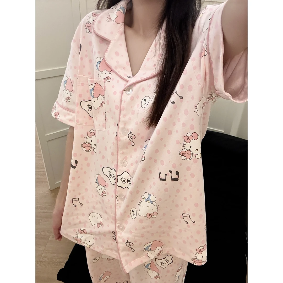 【DMXJ大梦想家】粉Kitty猫短袖居家服睡衣女夏季小个子家居服套装