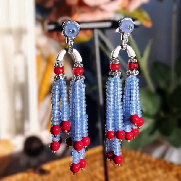 铜合金琉璃耳饰 蓝色米珠撞色耳钉耳饰