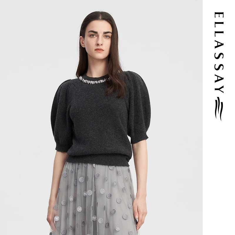 ELLASSAY歌力思秋季新款百搭气质雪岩灰时尚针织衫女EWE343M07800